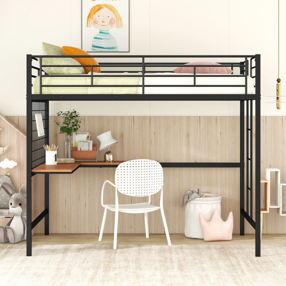 TATEUS Metal Loft Bed With Desk, Sturdy Metal Frame Guardrails Work and Play, Black, Full