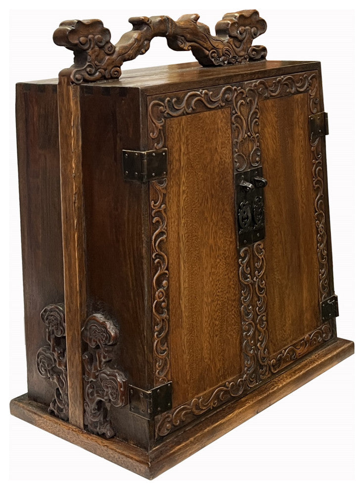 Chinese Distressed Wood RuYi Relief Motif Carved Drawers Box Chest Hws3050