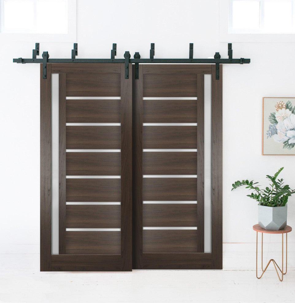 Frosted Glass Barn Bypass Doors 60 x 80, Quadro 4088 Chocolate Ash, 6.6' Rail