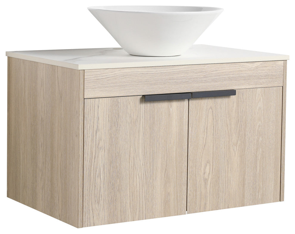 Wall-Mounted Bath Vanity, White Oak, White Ceramic Vessel Sink