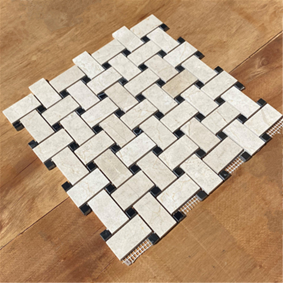 Crema Marfil Marble 1x2 Basketweave Mosaic Tile Black Dots Polished, 1 sheet