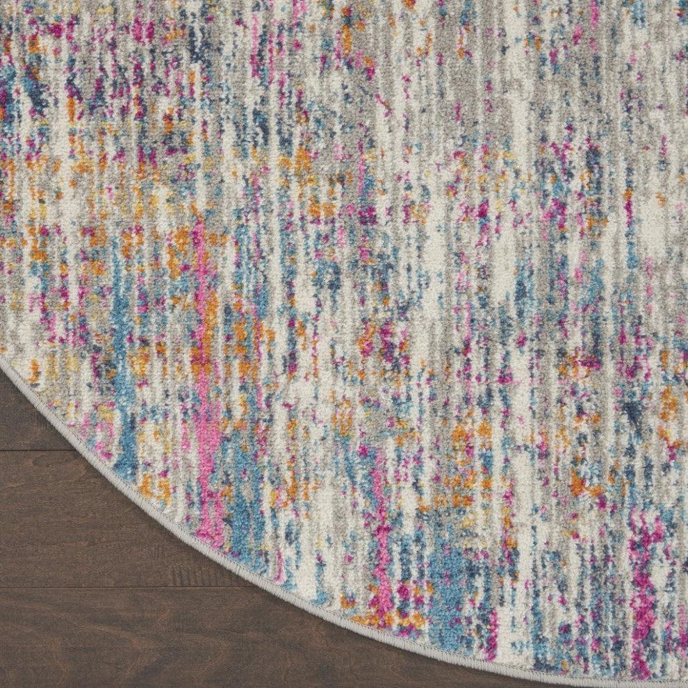 8' Pink And Ivory Round Abstract Power Loom Area Rug