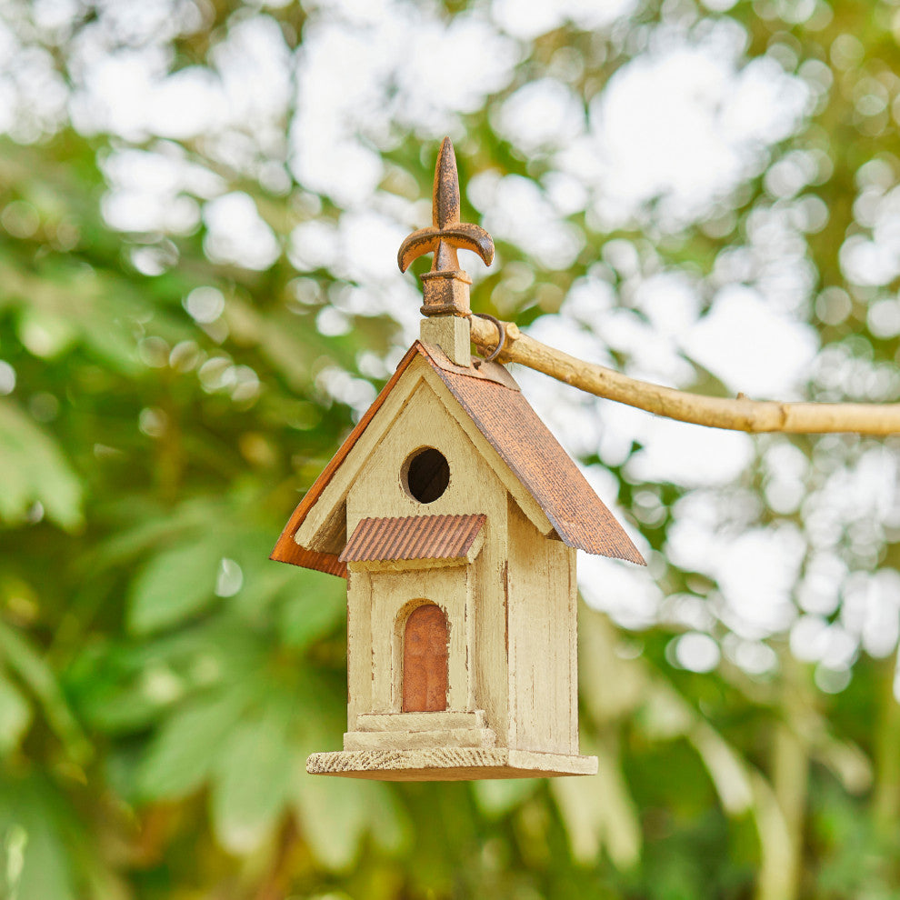 Rustic Garden Wooden Birdhouse, Metal Spear