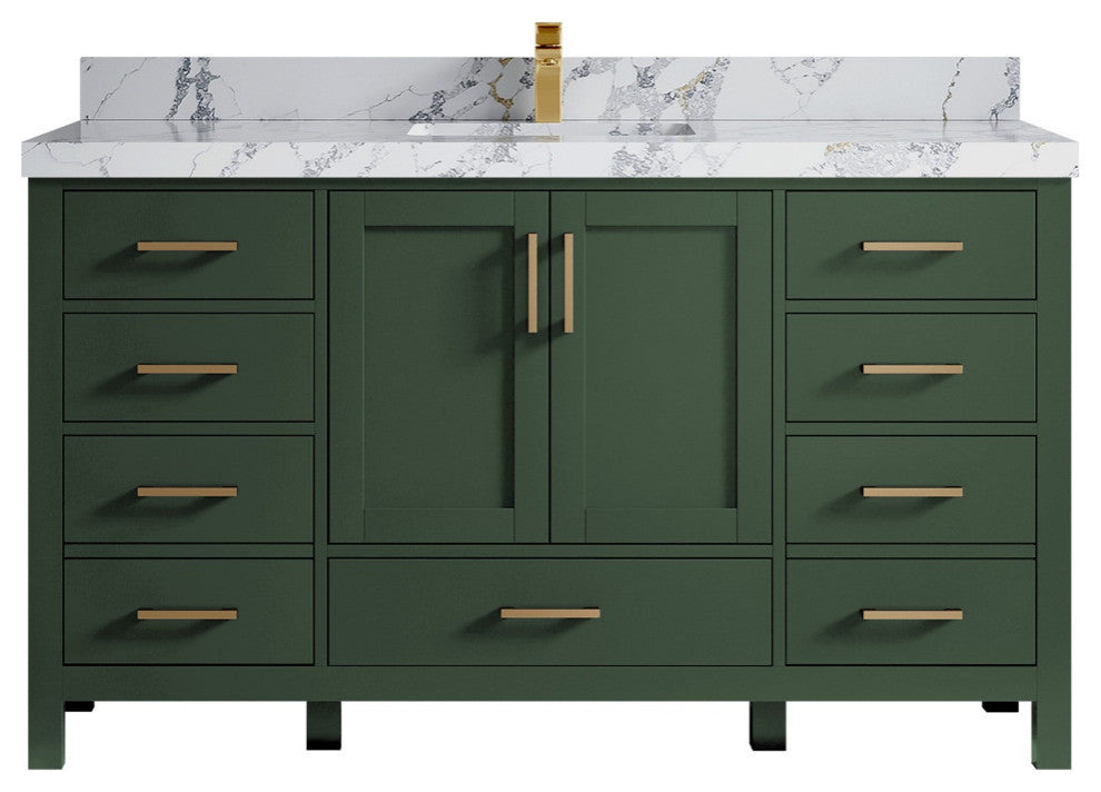 Malibu 60 Single Sink Vanity in Lafayette Green 2" Calacatta Poanazzo