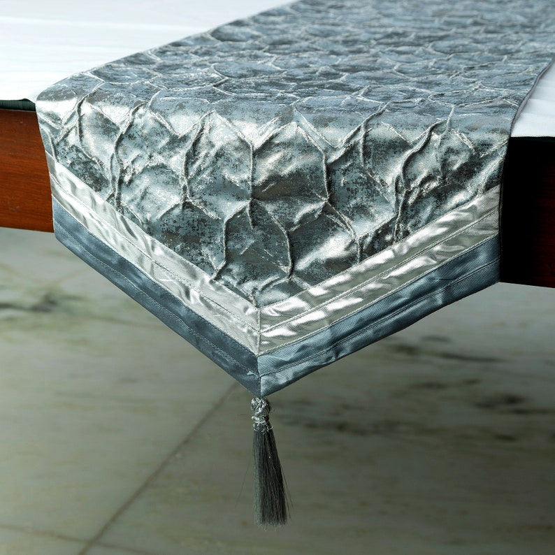 Table Runner Blue Jacquard Silk, Beaded, Foil Tassels - Hexagonal Foil