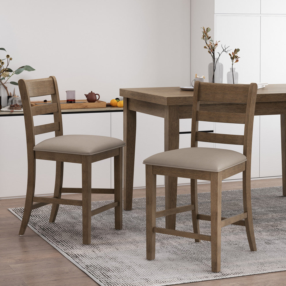 Boughton Farmhouse Upholstered Wood Counter Stools, Set of 2, Antique Brown