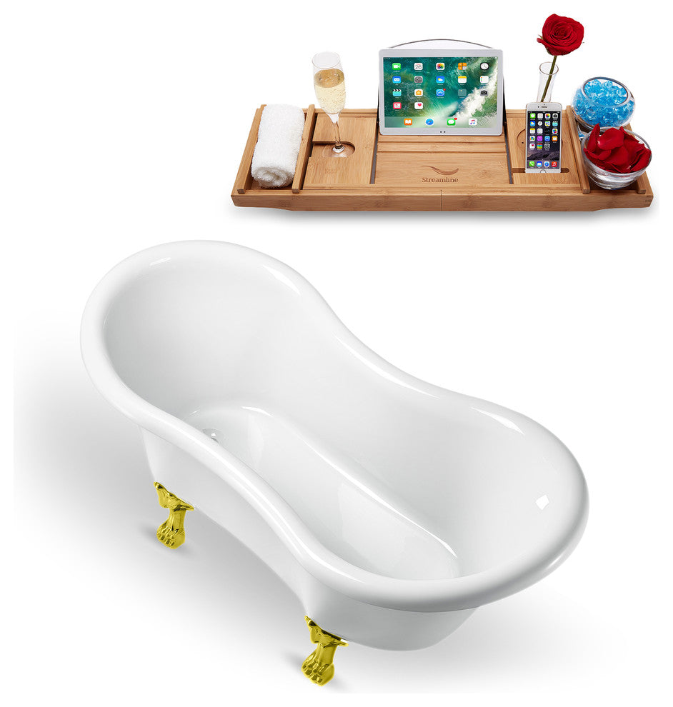 62" White Clawfoot Tub and Tray, Gold Feet, Chrome Internal Drain