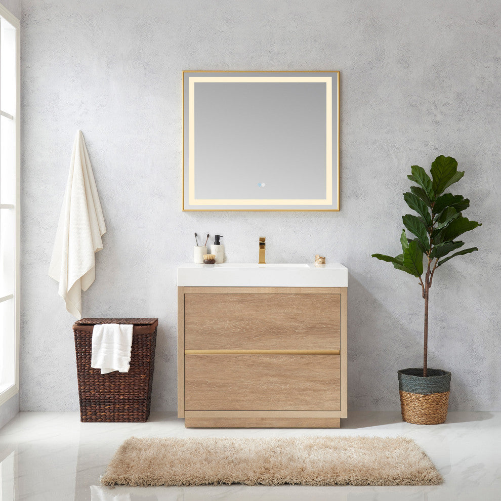Huesca Bath Vanity, Integrated Sink Top, North American Oak, 36", With Mirror