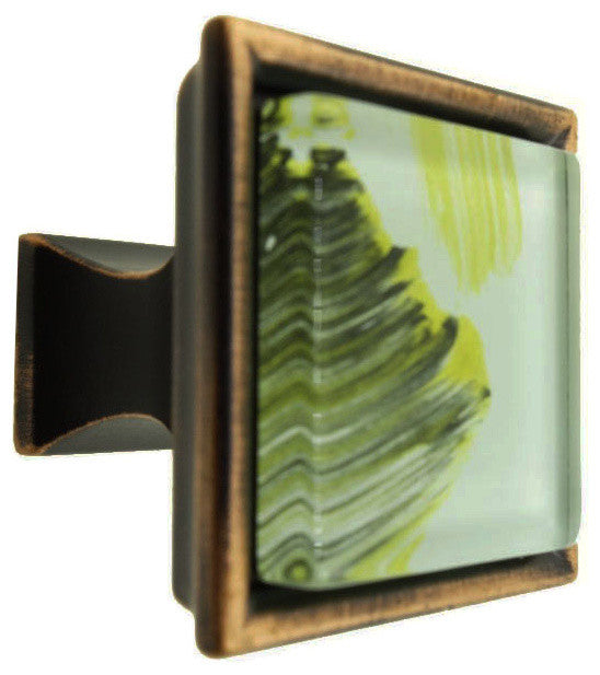 Hand Brushed Abstract Moss Streaks Crystal Glass Oil Rubbed Bronze Classic Knob