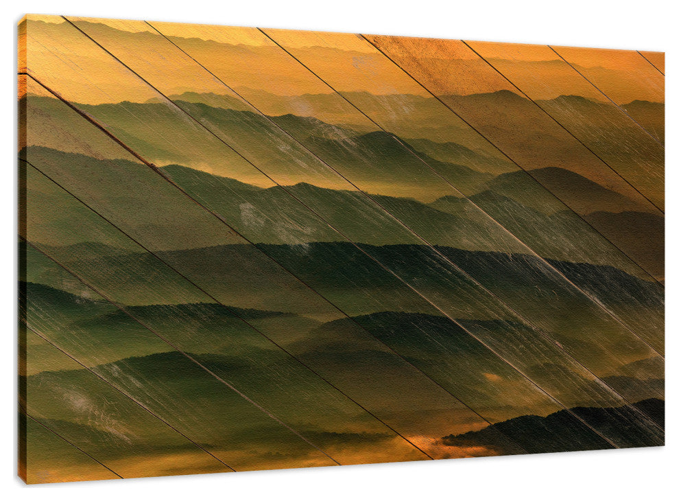 Faux Wood Foggy Mountain Layers at Sunset Landscape Canvas Prints, 12" X 16"