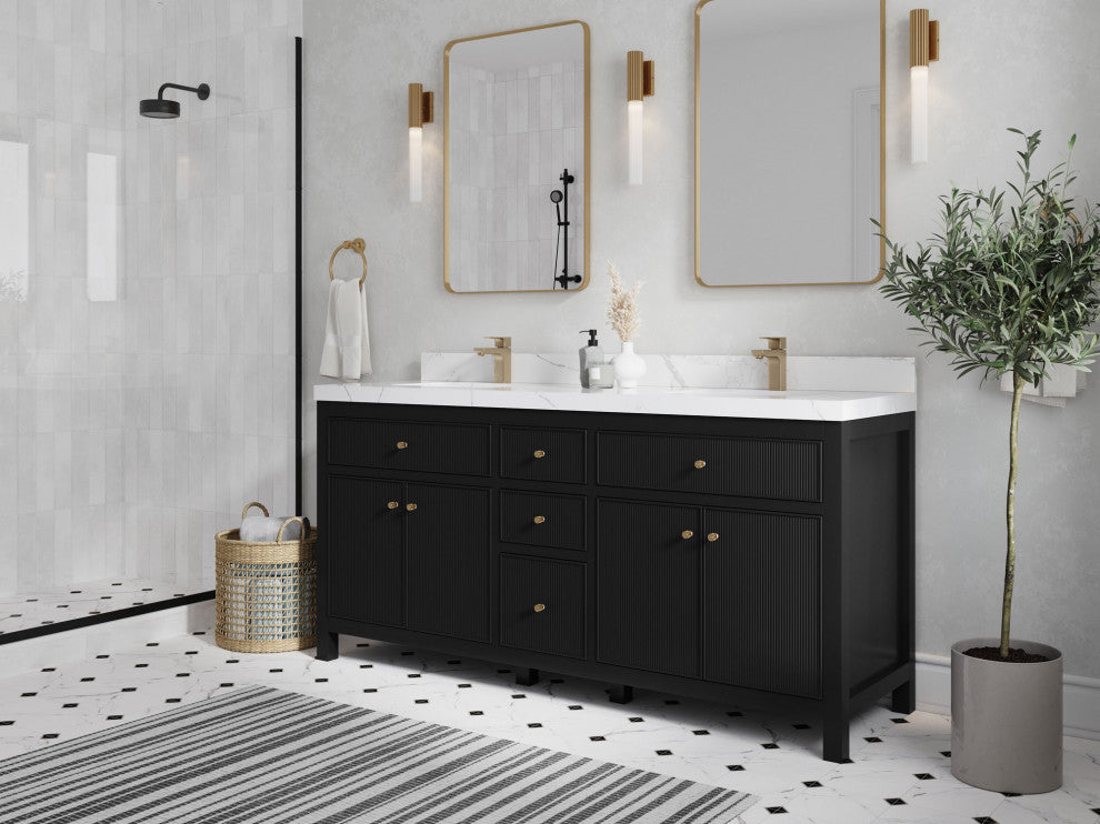 Sonoma 72 Double Sink Reeded Bath Vanity in Black 2" Piatra Gray
