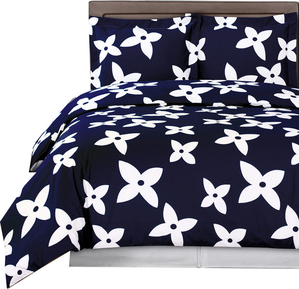 Desiree Soft 100% Cotton Duvet Cover Set, Navy and White, Full/Queen