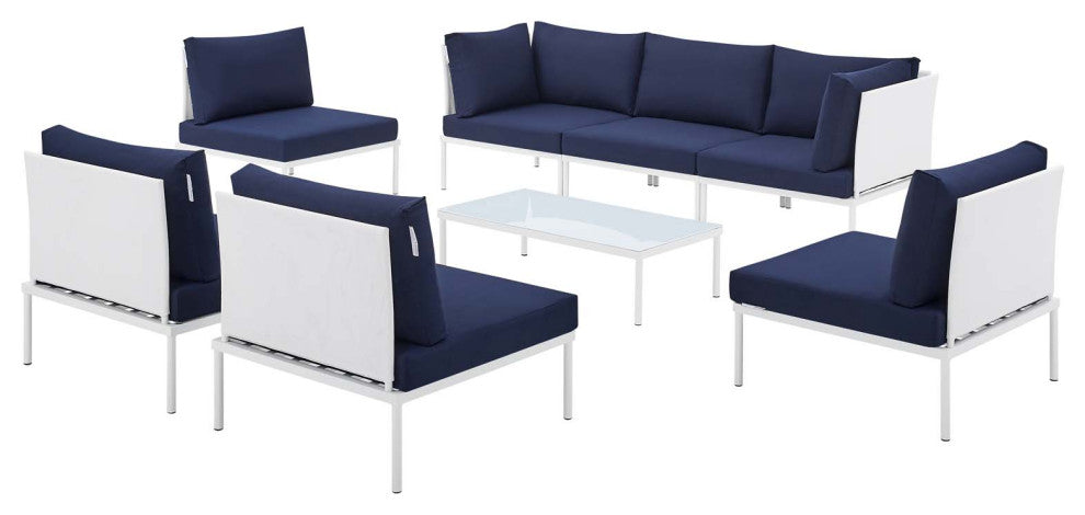 Sectional Sofa Chair Table Set, Sunbrella, Aluminum, White Blue Navy, Outdoor