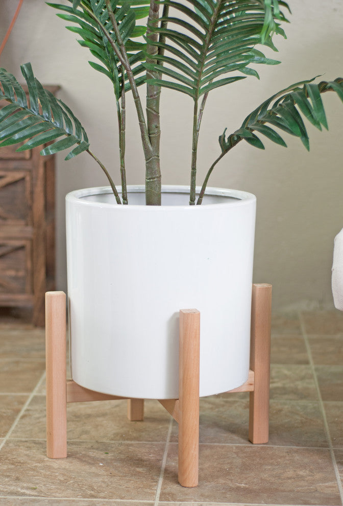 Extra Large Ceramic Cylinder Pot 13'' White With Plant Stand Set Natural Color
