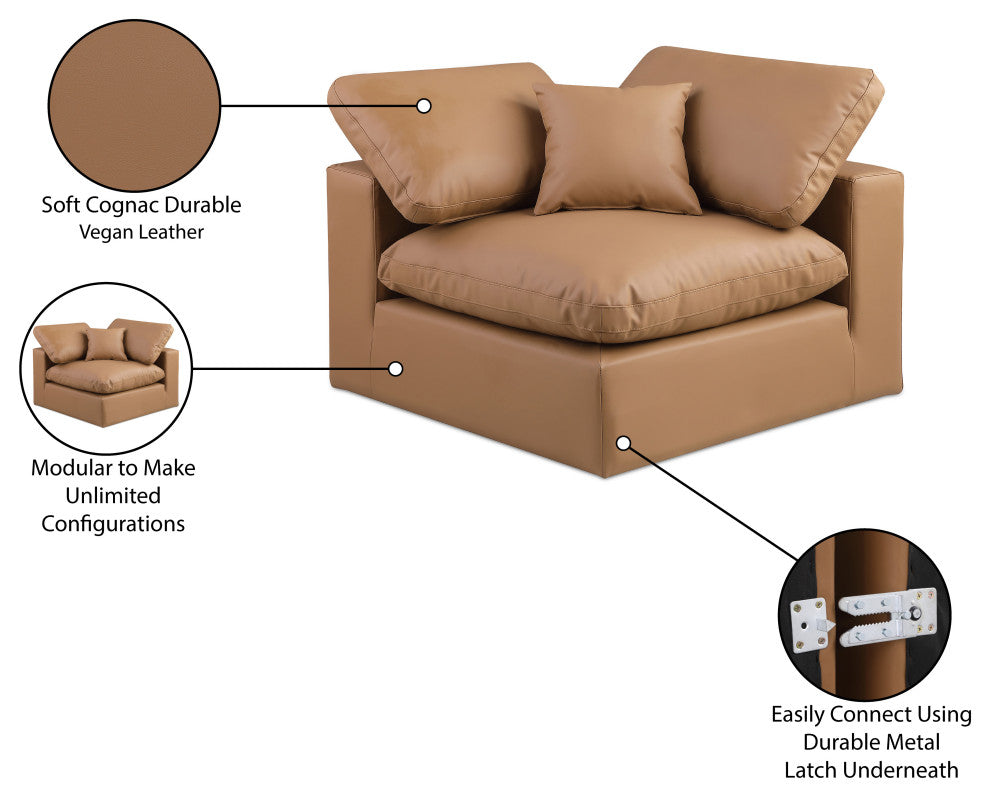 Comfy Beige Linen Textured Fabric Modular Chair, Cognac, Vegan Leather, Corner Chair