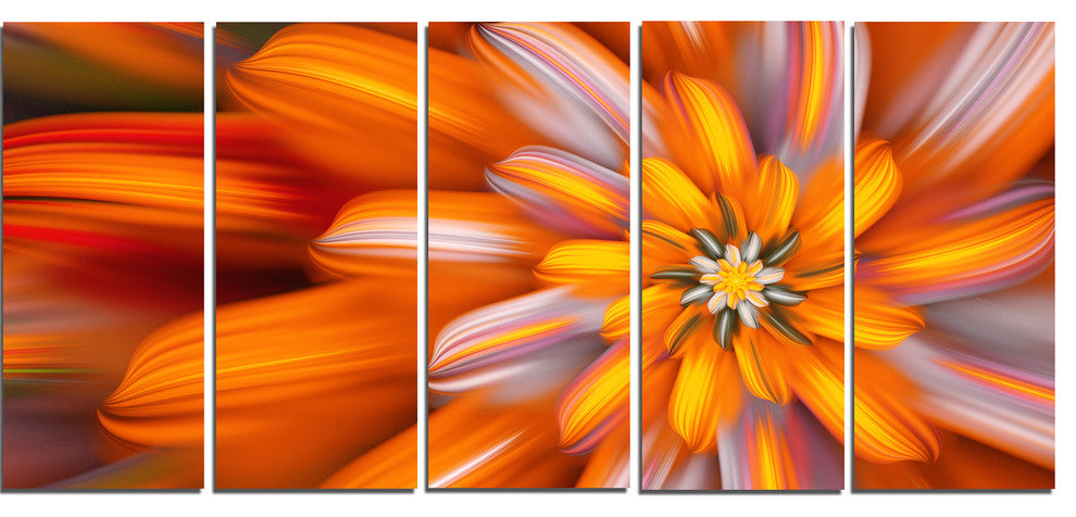 Massive Orange Fractal Flower, Floral Canvas Art Print, 60"x28", 5 Panels