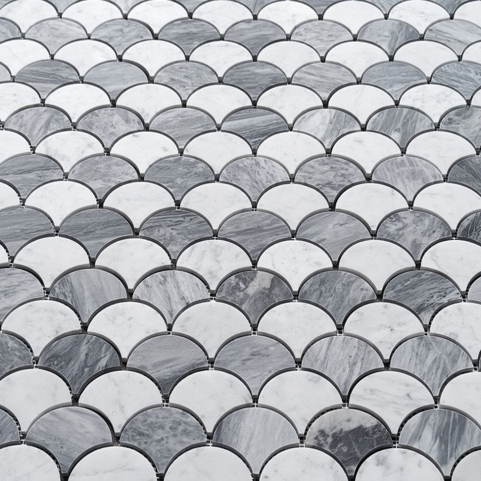 Carrara White Bardiglio Gray Marble Fish Scale Fan Shape Mosaic Tile, 1 sheet