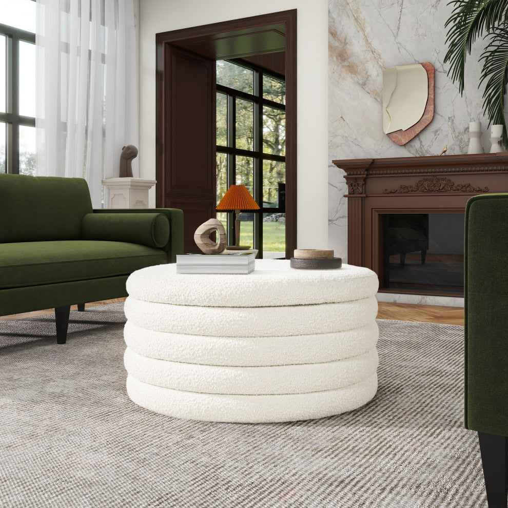Fuji 36" Round Upholstered Storage Cocktail Ottoman, Ivory White Boucle