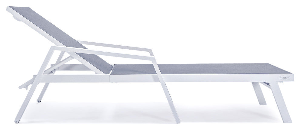 LeisureMod Marlin Patio Chaise Lounge Chair With Arms White Frame, Dark Gray