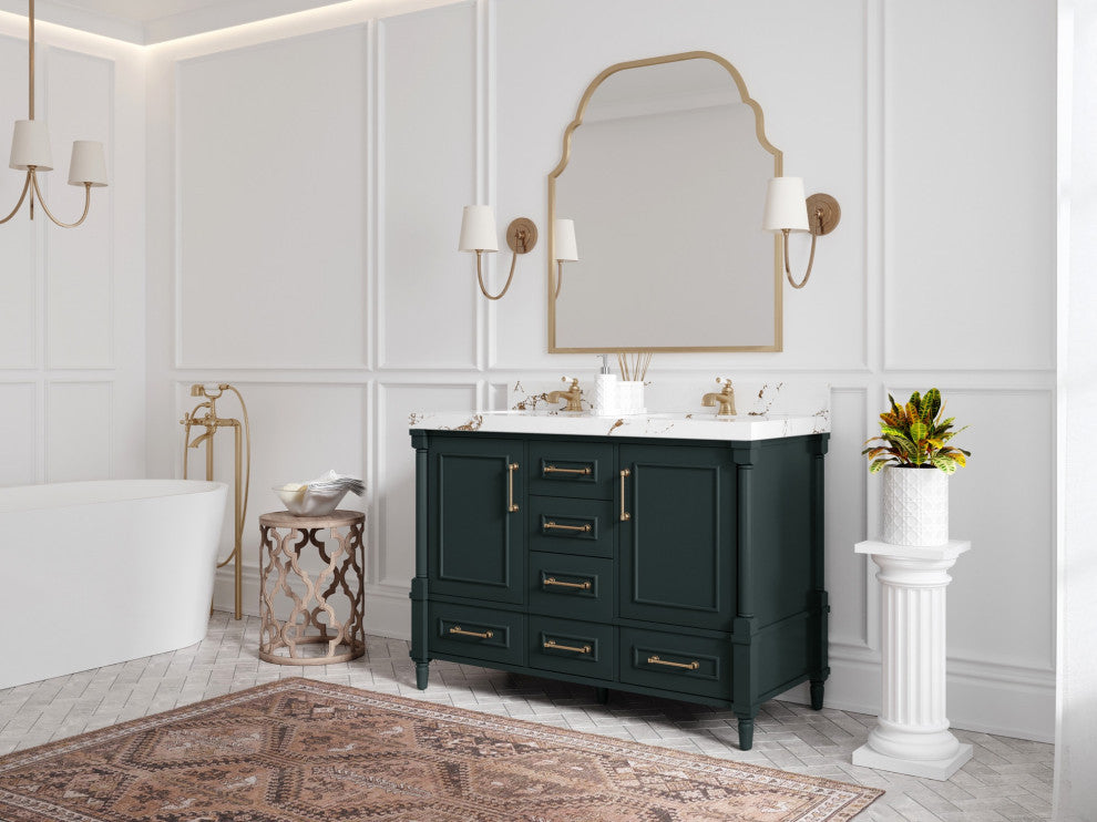 Aberdeen 48" Double Sink Bath Vanity in Dark Forest Green 2" Carrara Quartz