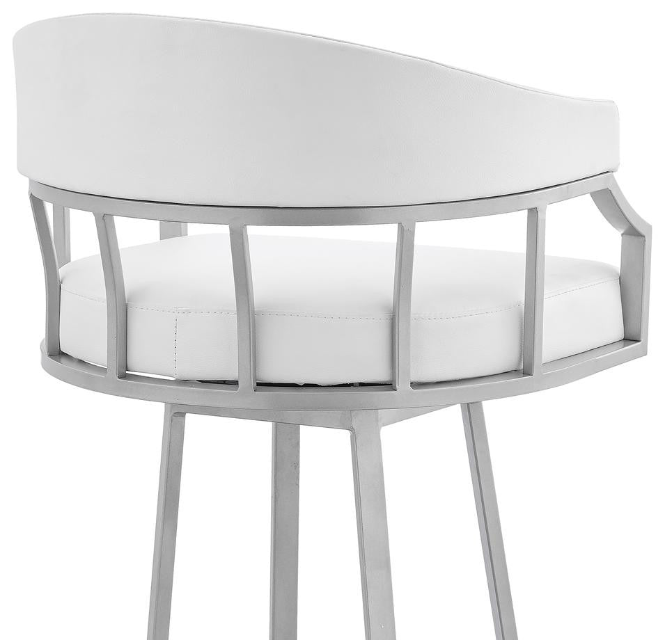 Swivel White Faux Leather and Silver Metal Bar Stool