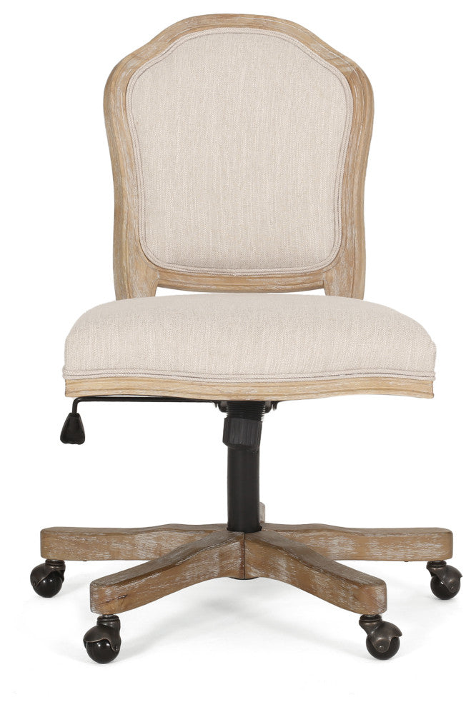 Oakes Upholstered Swivel Office Chair, Beige + Natural, 100% Polyester + Rubber Wood + Iron