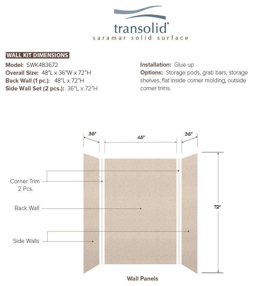 Transolid SaraMar 48"x36"x72" 3-Piece Shower Wall Kit, Cashew Velvet