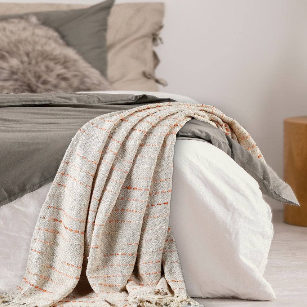 Shimmer Stripe Woven Throw Blanket with Fringe, Peach