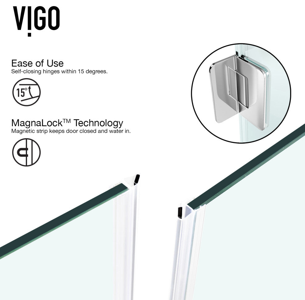 VIGO Piedmont Frameless Hinged Neo-Angle Shower Enclosure, Chrome, 38" D X 38" W, Without Base