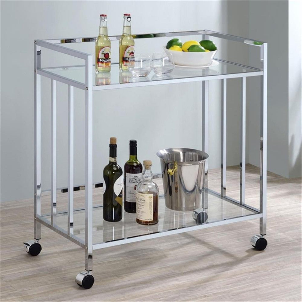 Coaster Cara Contemporary Rectangular Glass Bar Cart in Chrome and Clear