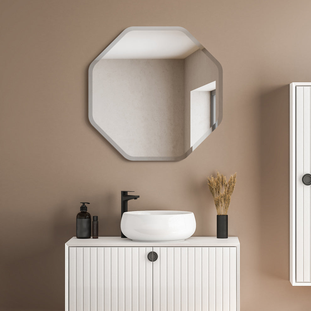 Frameless Beveled Octagonal Black Matte Finished Wall Mirror