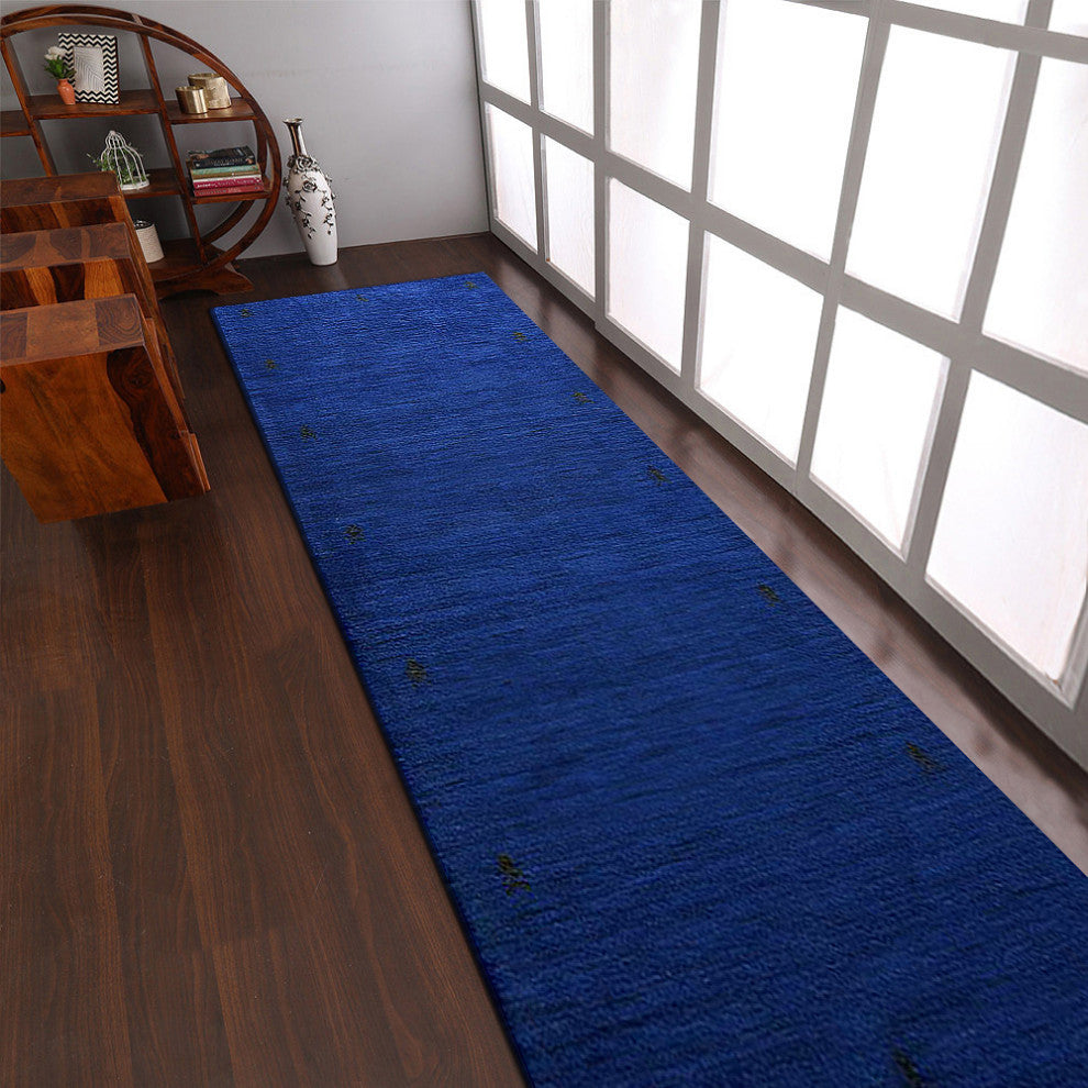 HAND KNOTTED LOOM WOOL ECO-FRIENDLY AREA RUGS - Runner, Blue, Contemporary