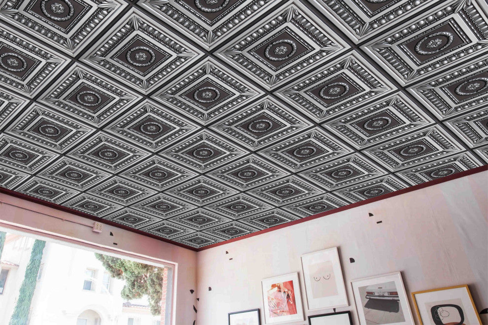 Antique Silver 3D Ceiling Panels, 2'x2', 40 Sq Ft, Pack of 10