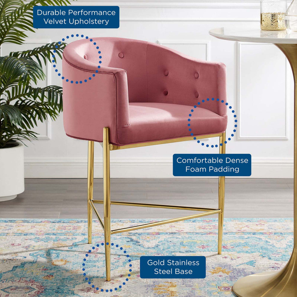Tufted Counter Stool Chair, Velvet, Metal, Pink, Bar Pub Cafe Bistro Restaurant