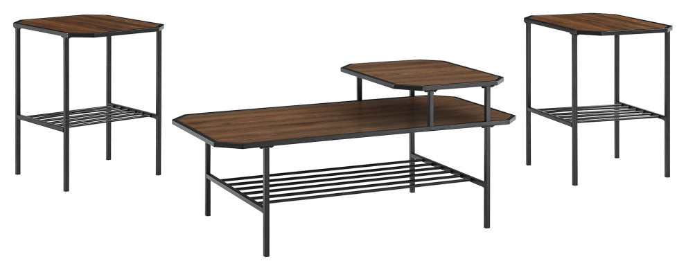 3 Piece Tiered Mixed Material Accent Table Set - Dark Walnut