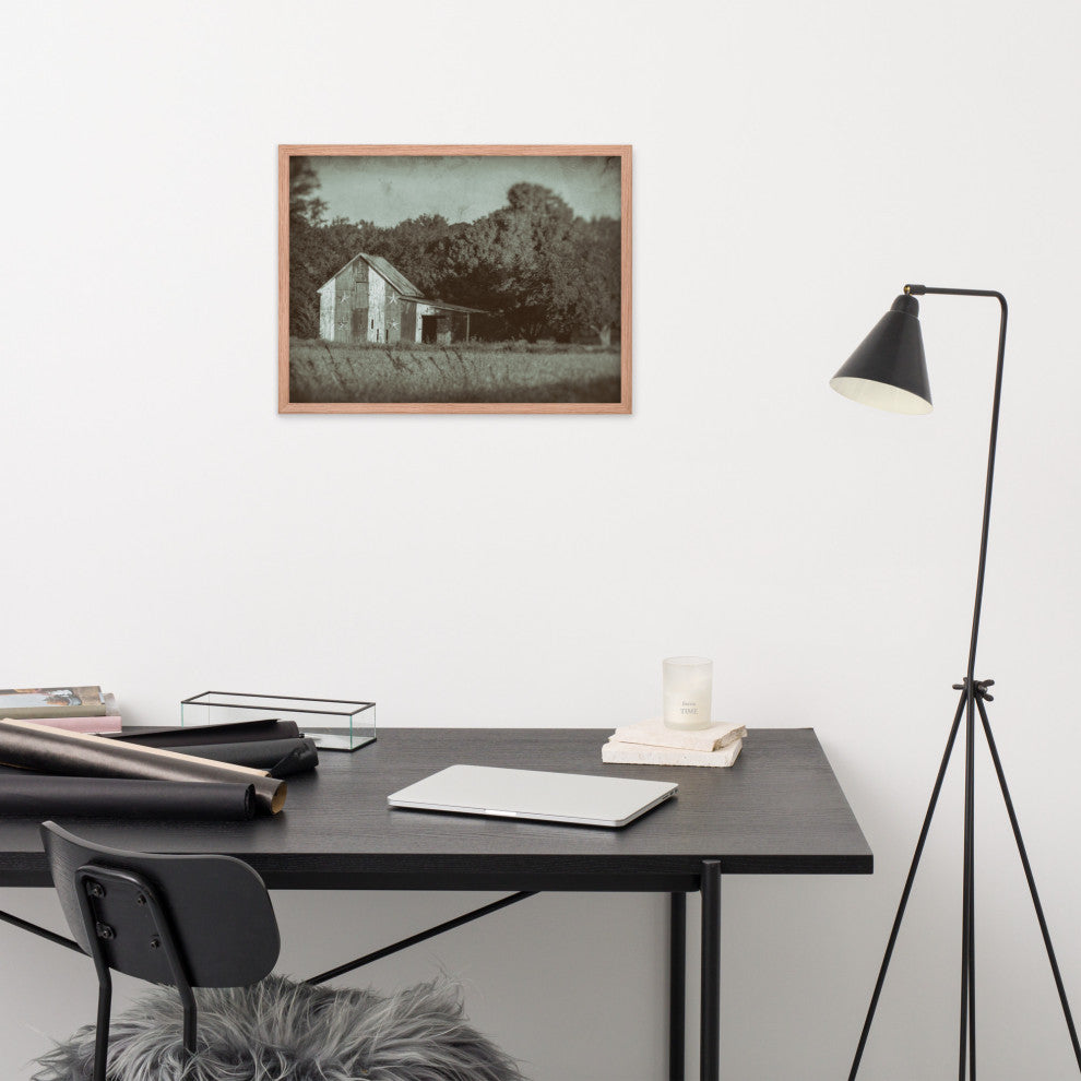 Patriotic Barn in Field Vintage Black and White Framed Photo Wall Art Print, Red Oak, 18" X 24"