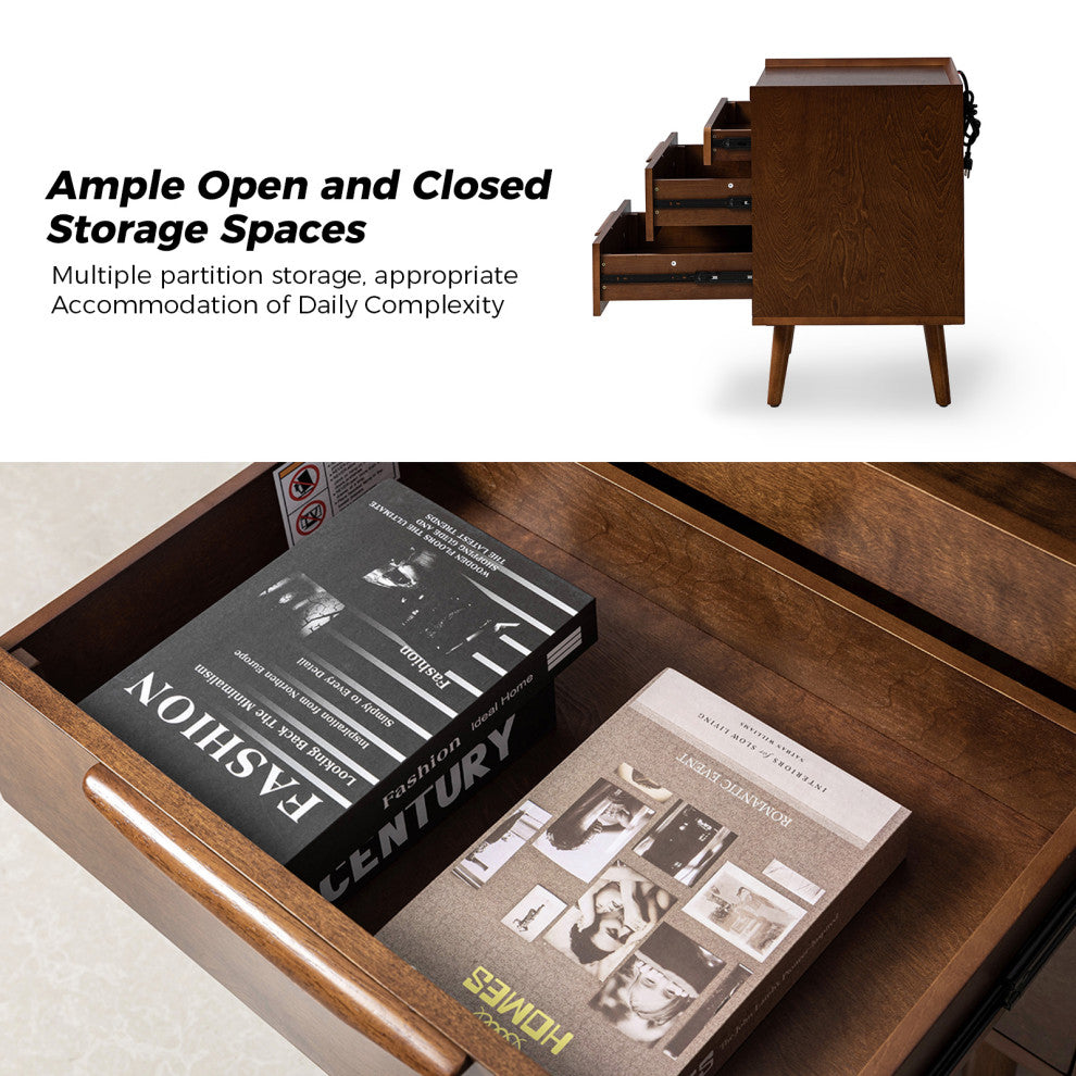 Mid-Century Modern 3-Drawer Nightstand With Charging Station, Walnut