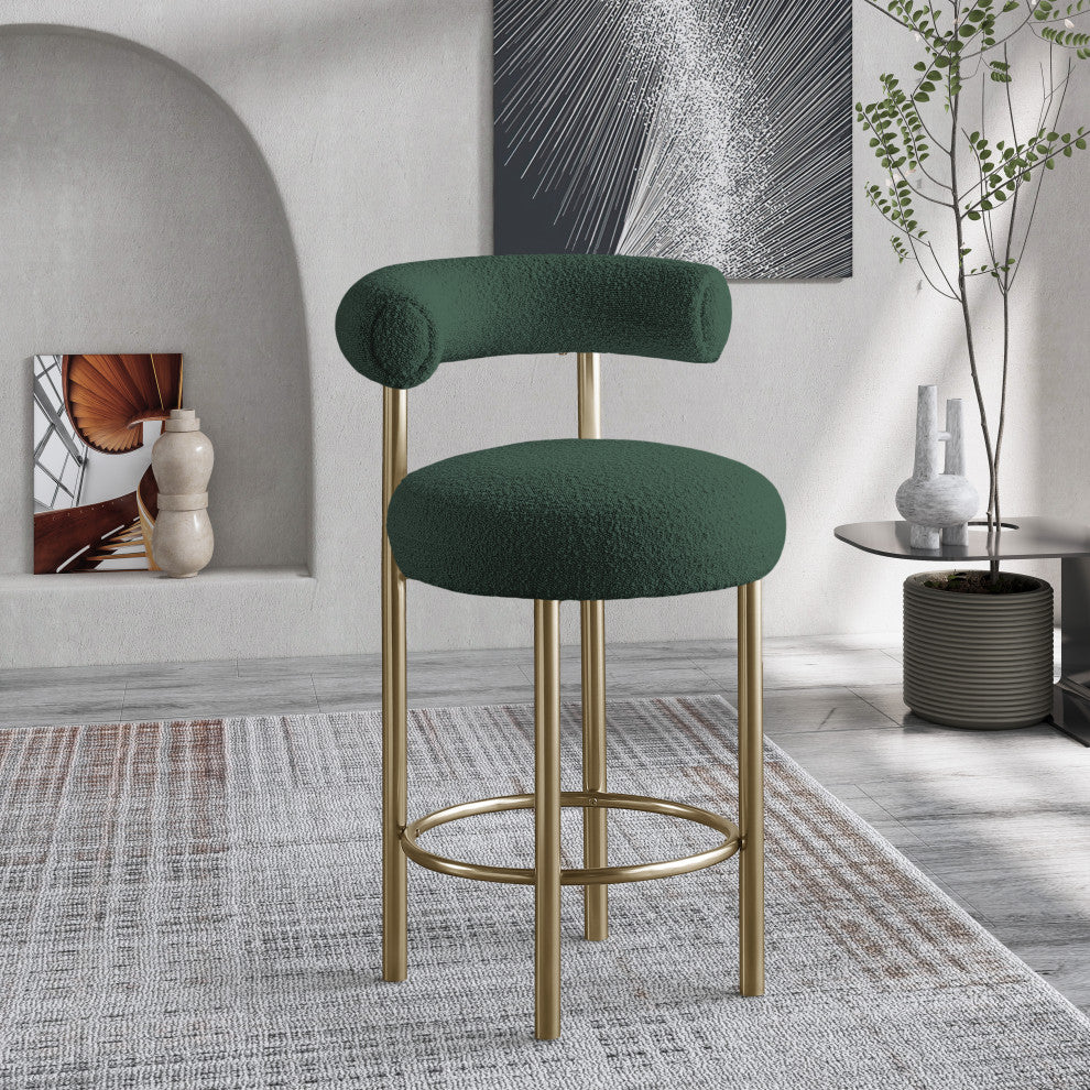 Bordeaux Upholstered Stool, Green, Boucle Fabric, Brushed Brass, Set of 2