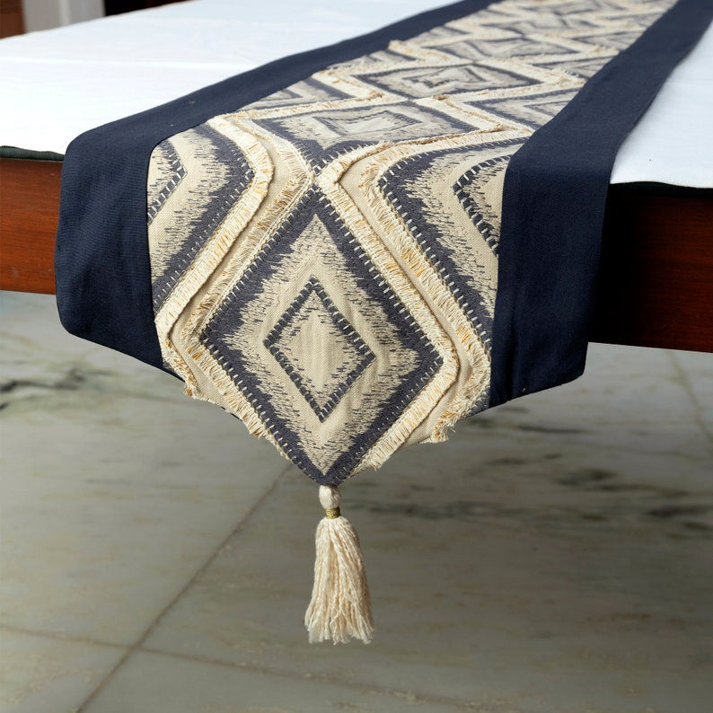 Decorative Table Runner Blue Jacquard 14"x72", Moroccan, Tassles & Lace, Aissa