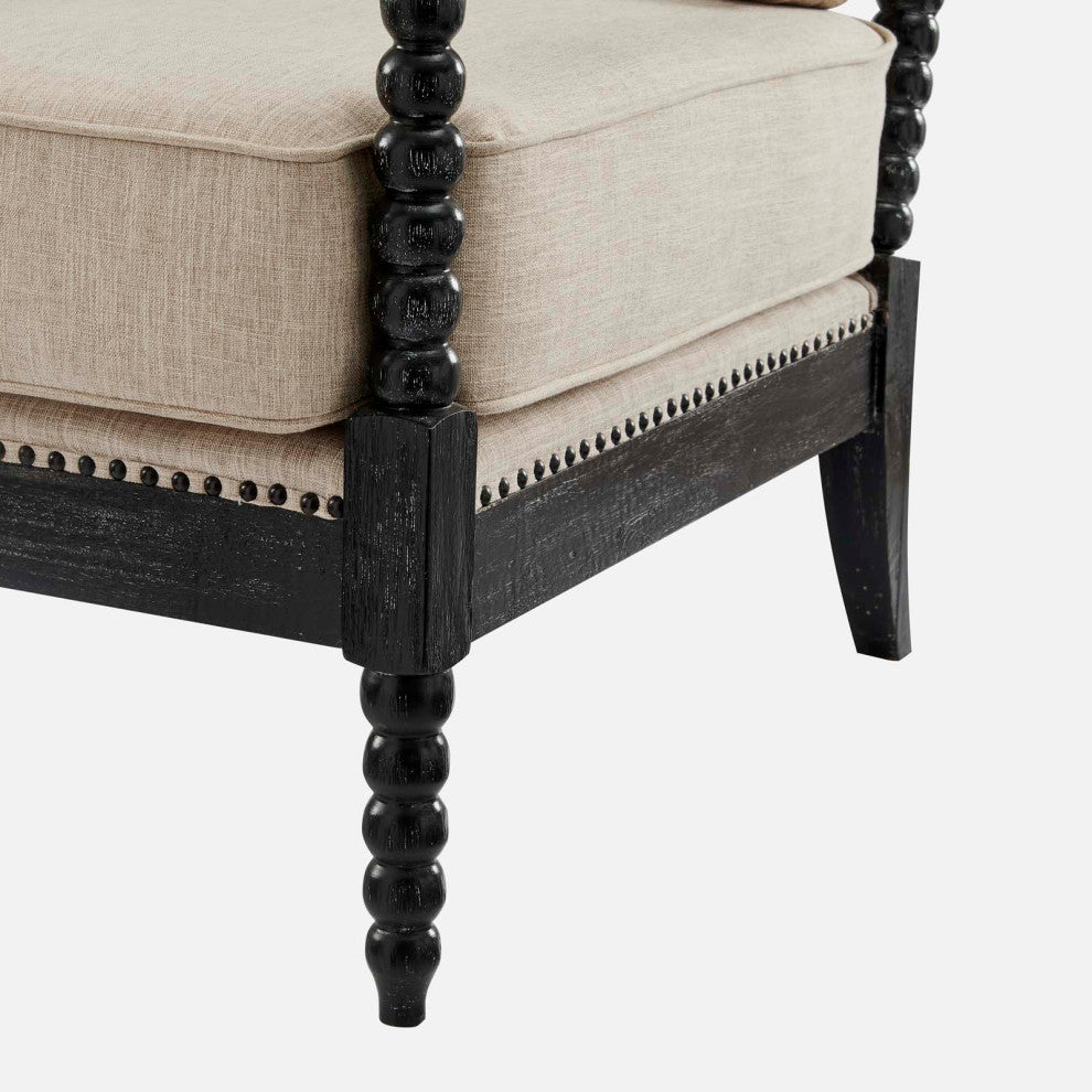 Armchair Accent Chair, Nailhead, Beige Black, Fabric, Modern, Cafe Hospitality