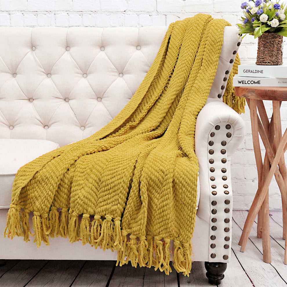 Tweed Knitted Throw Blanket, Lemon Curry, 60"x80"