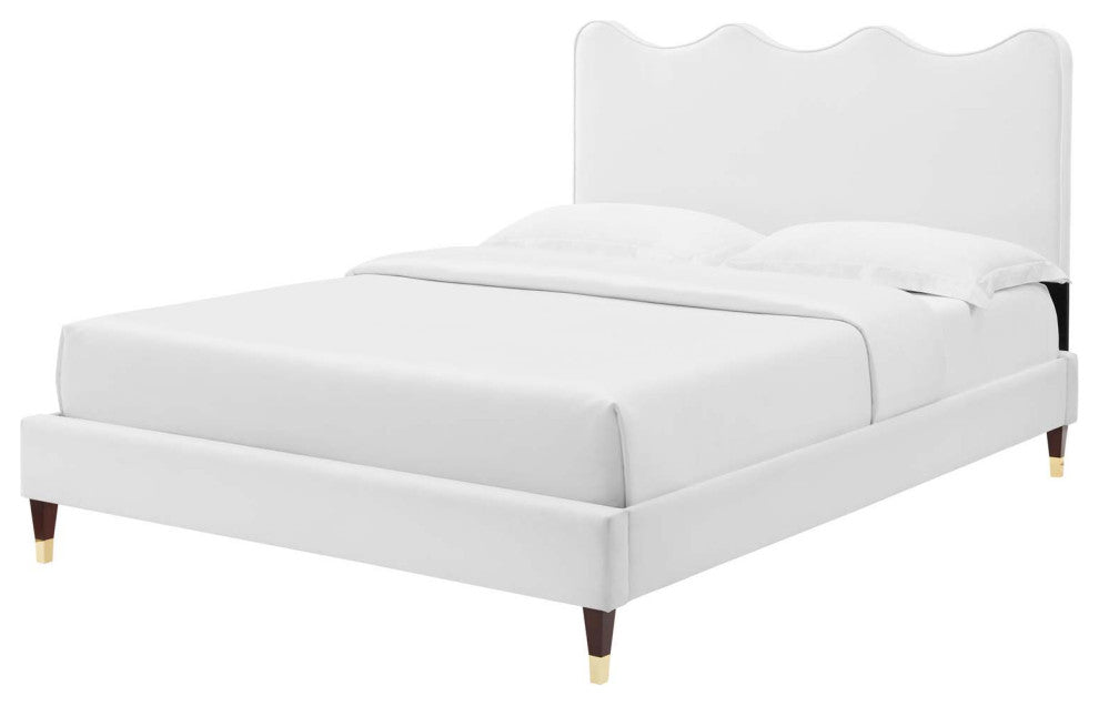 Platform Bed Frame, Queen Size, White, Velvet, Modern, Bedroom Guest Suite