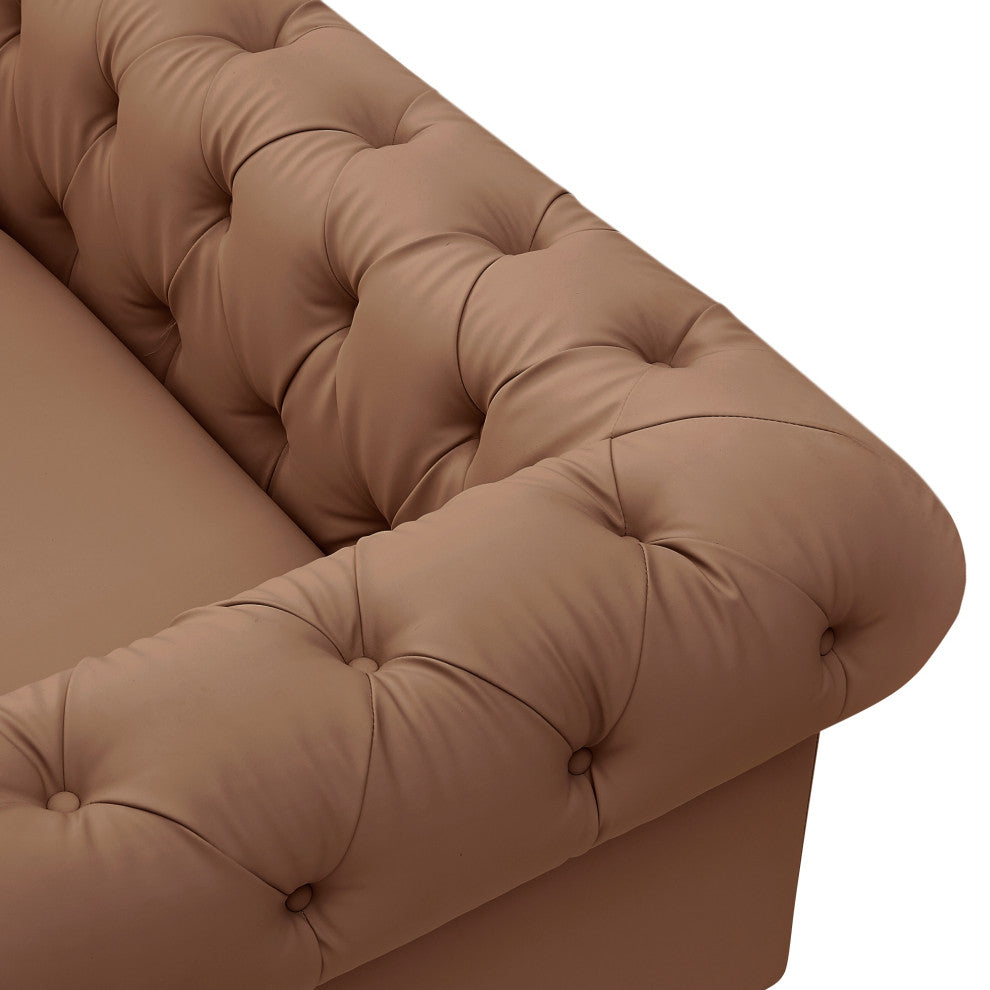 Nicole Miller Geraldine Sofa Button Tufted, 3 Seat, Camel Leather PU