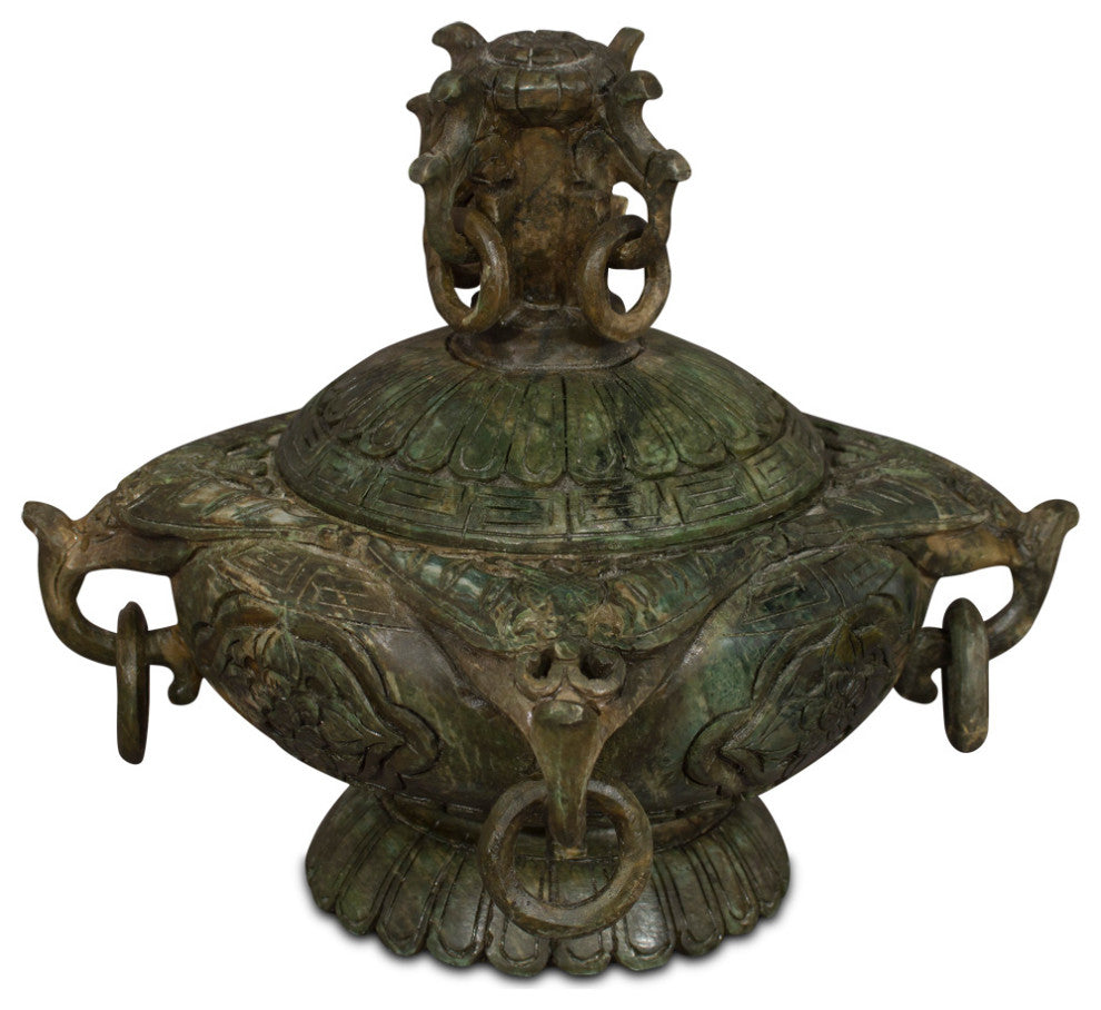 Hand Carved Chinese Jade Vessel with Floral Design and Removable Lid