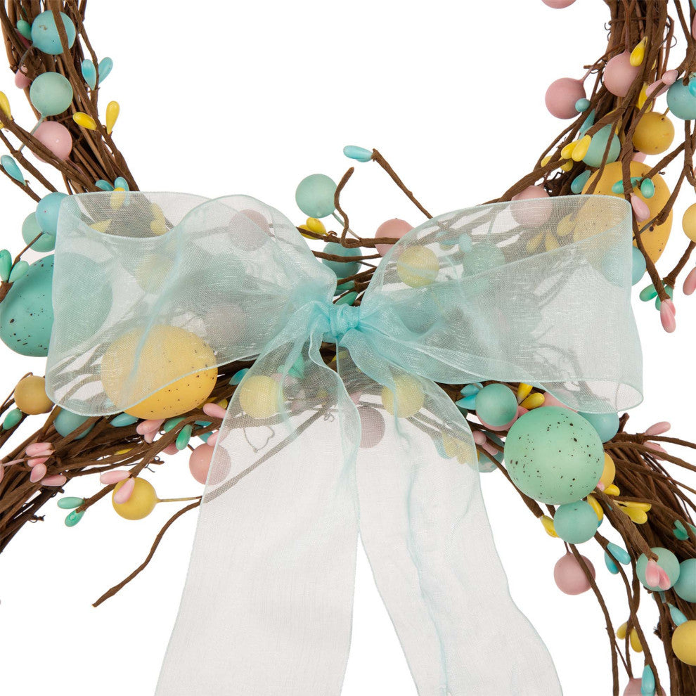 24.5" Easter Bunny Shaped Wreath With Eggs and Satin Ribbon Bow