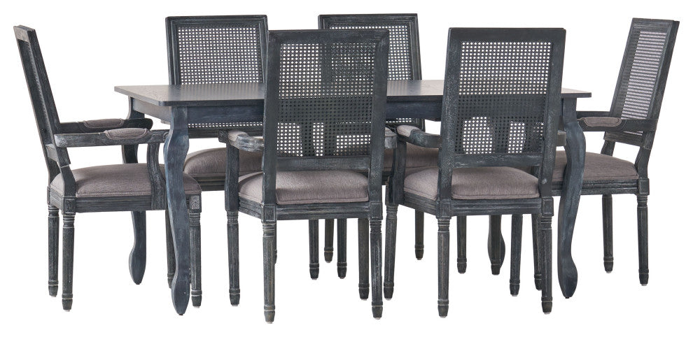 Regan Fabric Upholstered Wood and Cane Expandable 7-Piece Dining Set, Gray