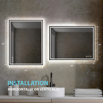 Fogless, Dimmable, Color Temperature Adjustable LED Mirror, Matte Black, 48x36