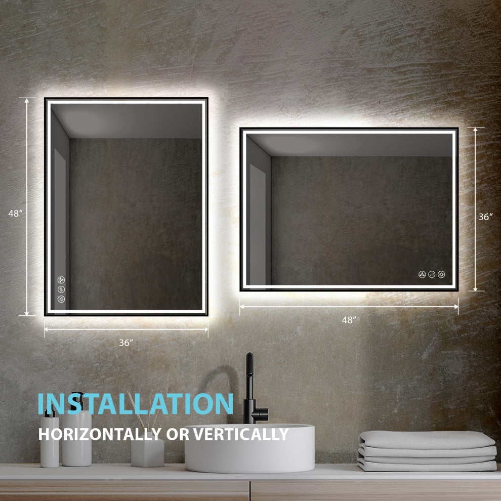Fogless, Dimmable, Color Temperature Adjustable LED Mirror, Matte Black, 48x36