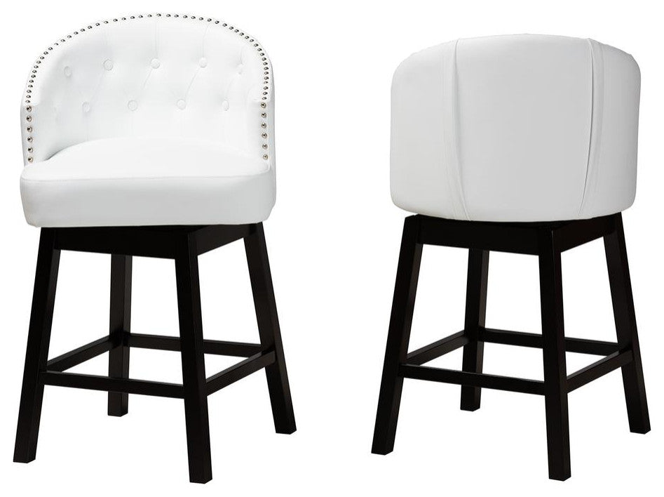 White Faux Leather & Espresso Brown Finished Wood 2-Pcs Swivel Counter Stool Set