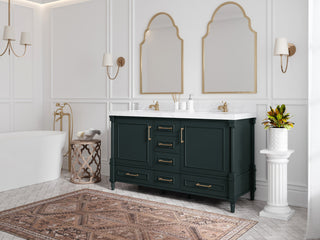 Aberdeen 60 Double Bathroom Vanity in Dark Forest Green 2" Carrara Marble
